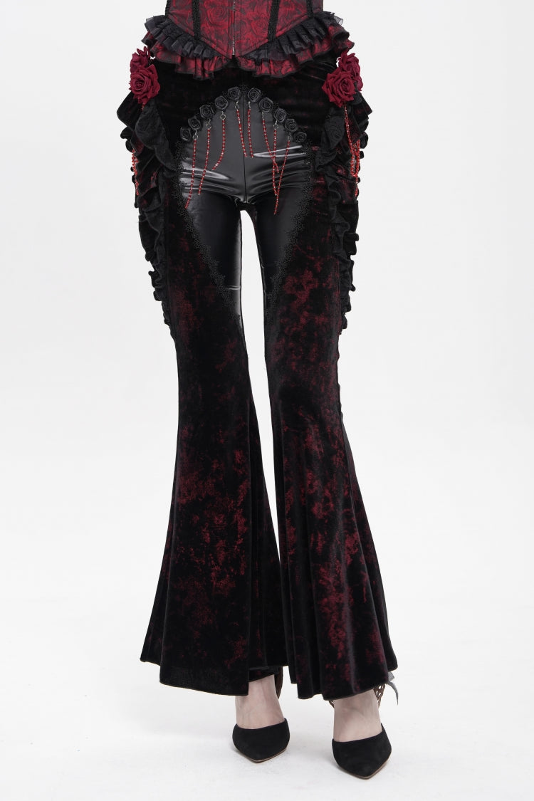 Black/Red Ruffled Spliced Women's Gothic Floral Faux Leather&Velvet Ruffle Pants