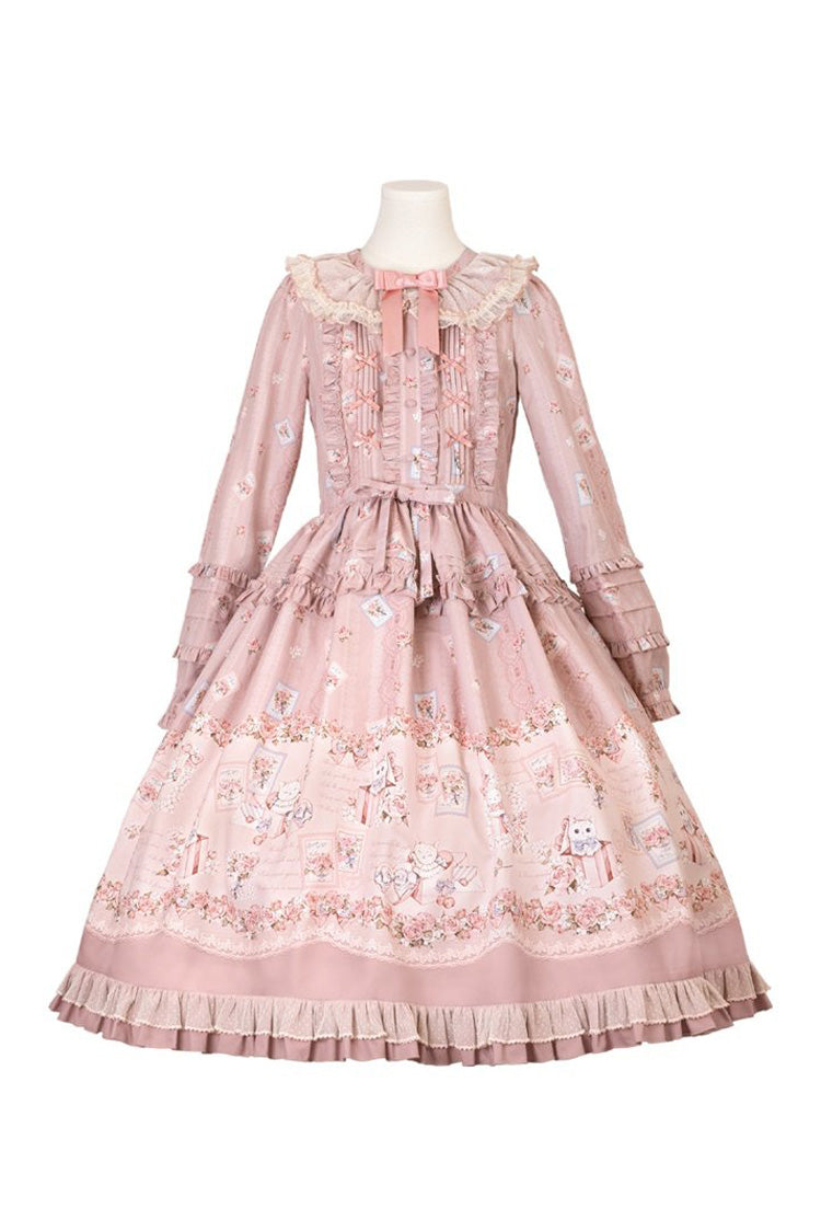 Sweet Long Sleeves FloralPrinted Ruffled Bow Plus Size Elegant Lolita Dress 2 Colors