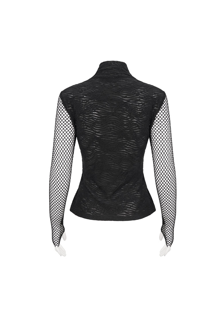 Black Turtleneck Adjustable Faux Suspenders Textured Knit Mesh Women's Punk T-Shirt