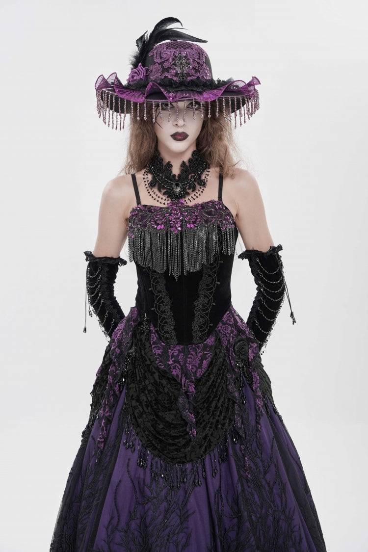 Black/Purple Lace-Up Women's Gothic Embroidered Tassels Overbust Corset