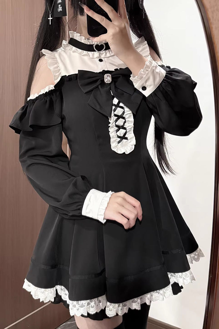 Black/White Off Shoulder Long Sleeves Ruffled Jirai Kei Japanese Dress Set