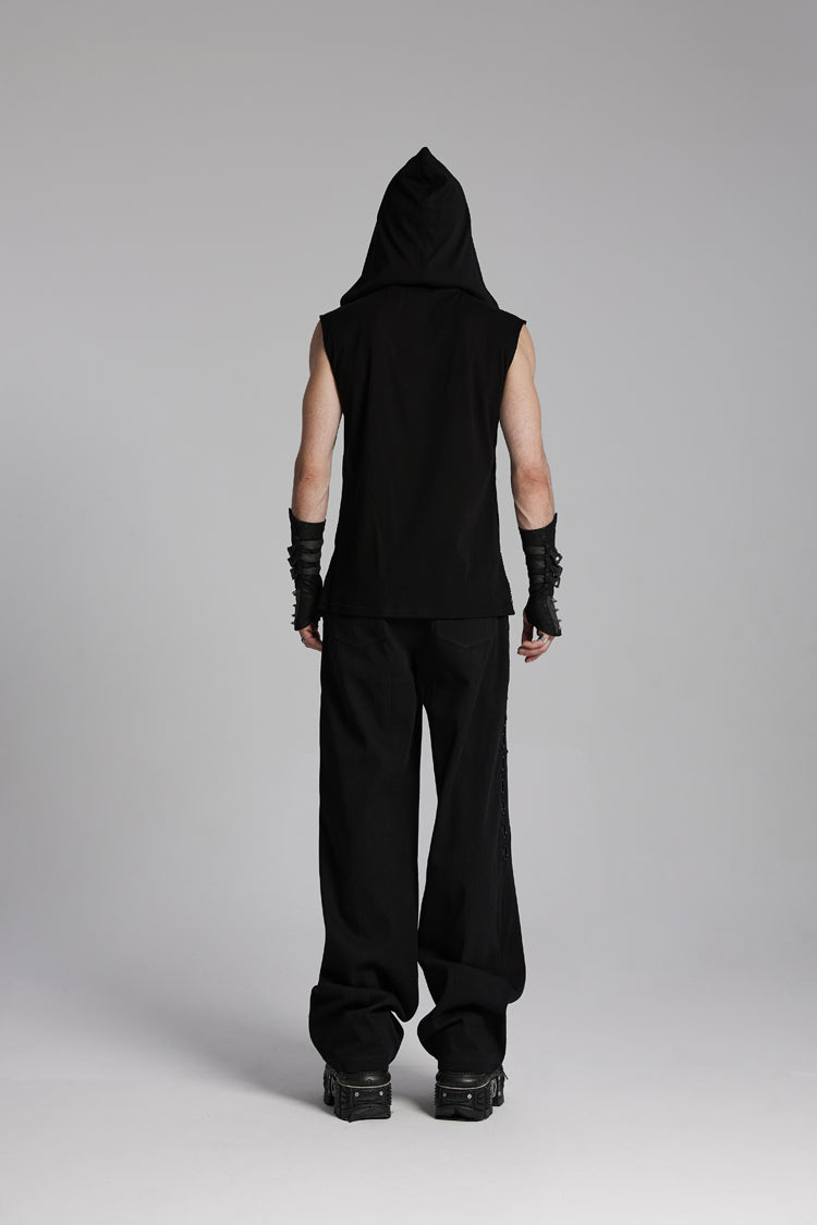 Black V Collar Sleeveless Hooded Mesh Eyelets Men's Punk Vest
