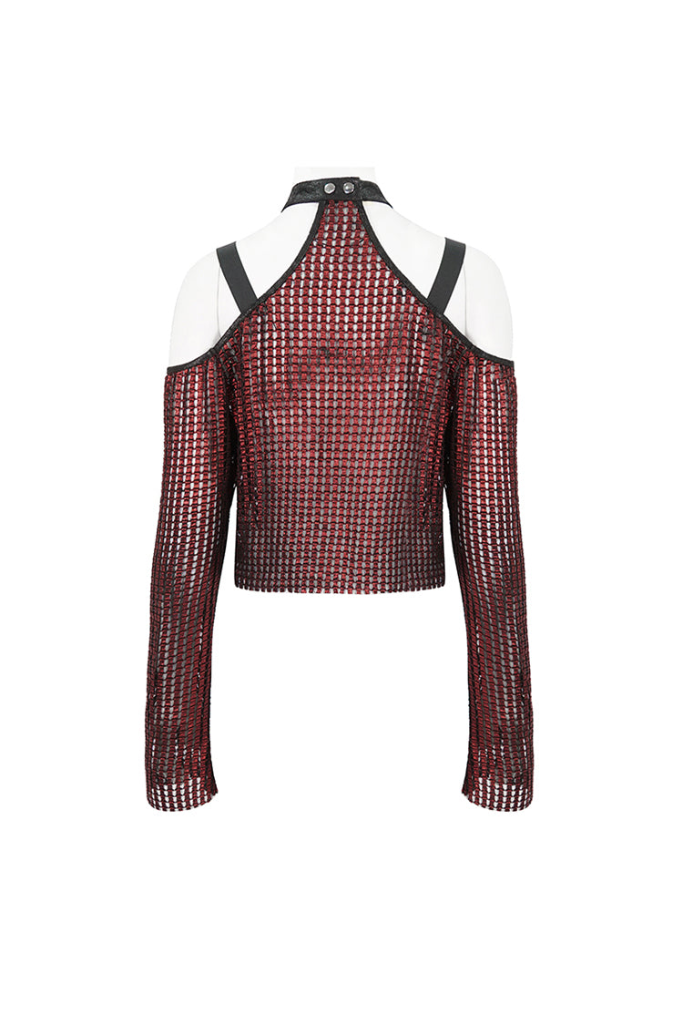 Red Off Shoulder Buckle Sheer Crop Women's Gothic Shirt