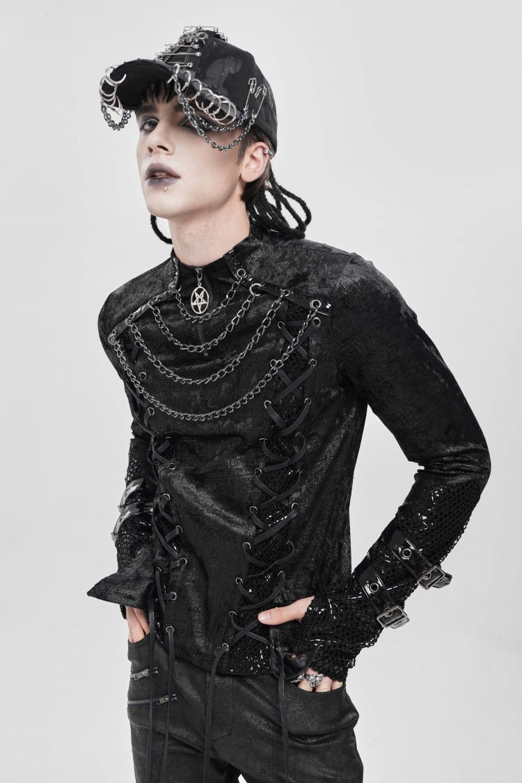 Black Stitching Lace-Up Mesh Chain Men's Punk Blouse