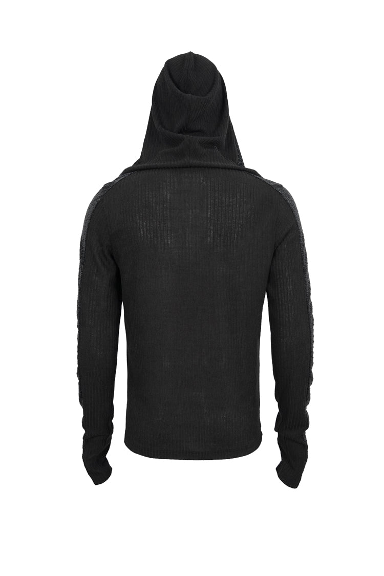 Black Trendy Dark Tether V-Neck Panel Knit Hooded Men's Punk T-Shirt