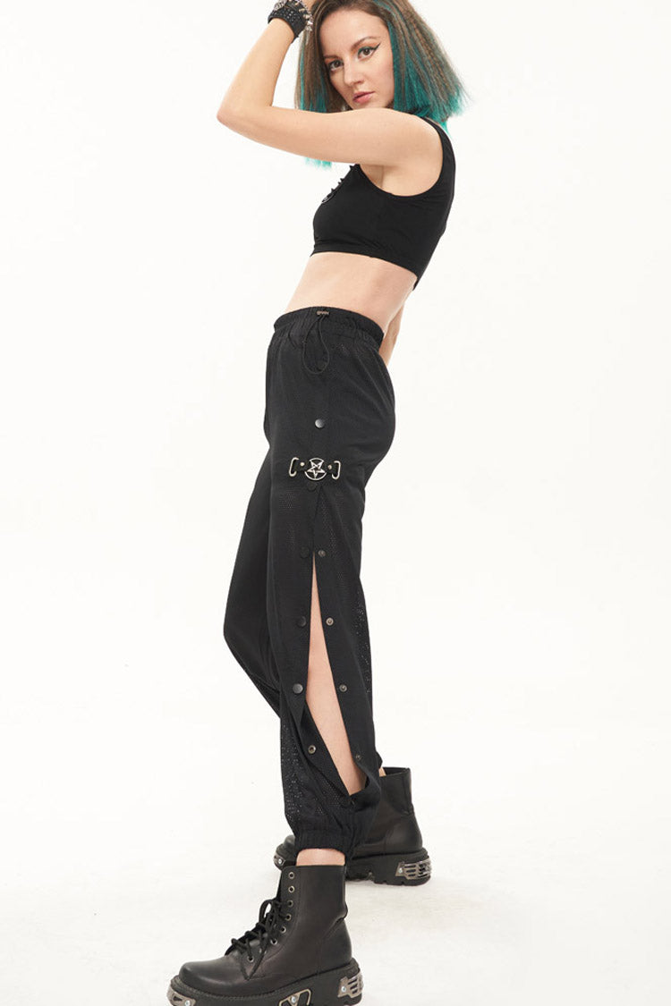 Black Punk Sports Style Metal Five-Star Decoration Trouser Leg Button Detachable Women's Long Pants