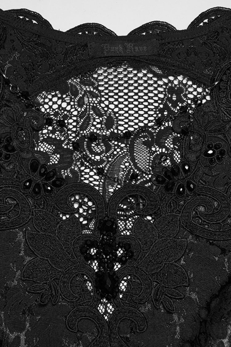 Black V Collar Long Trumpet Sleeves Double-Layered Hanayome Cut-Out Embroidered Lace Lace-Up Pearl-Decorated Pleated Women's Gothic Gorgeous Palace Dress