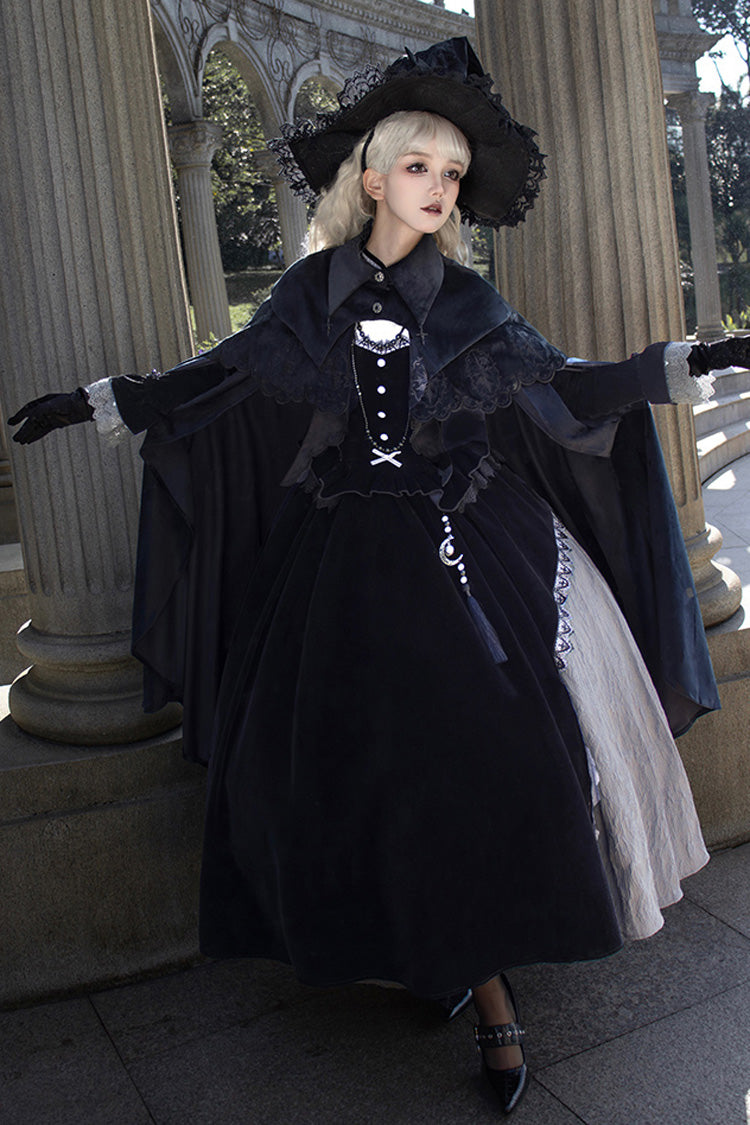Black Witch Long Sleeves Ruffle Bowknot Stitching Lace Gothic Lolita Long Dress