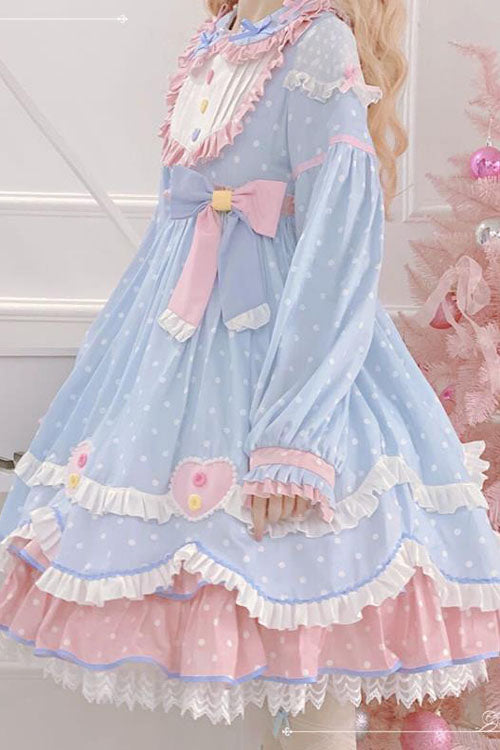 Blue Pop Sugar Bowknot Long Sleeves Love Pocket Decoration Multi-Layer Ruffled Sweet Lolita OP Tiered Dress