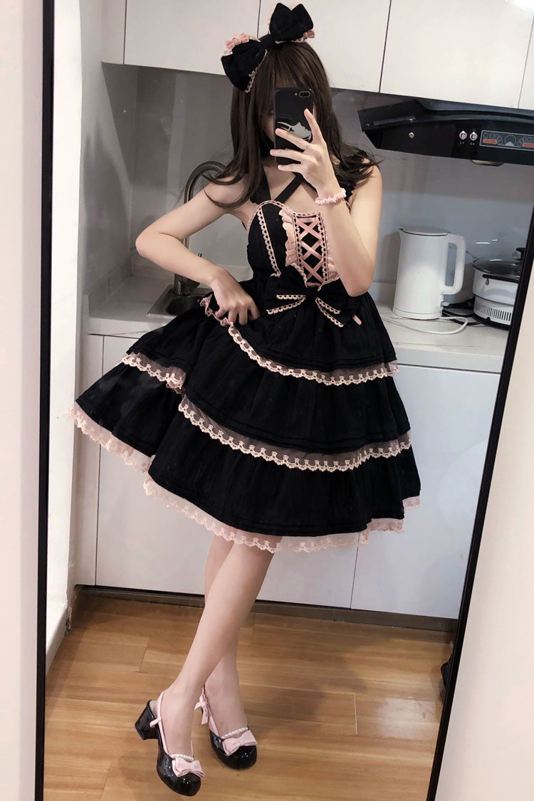 Black/Pink First Love Triple-Layered Ruffle Bowknot Lace Gothic Lolita Jsk Dress