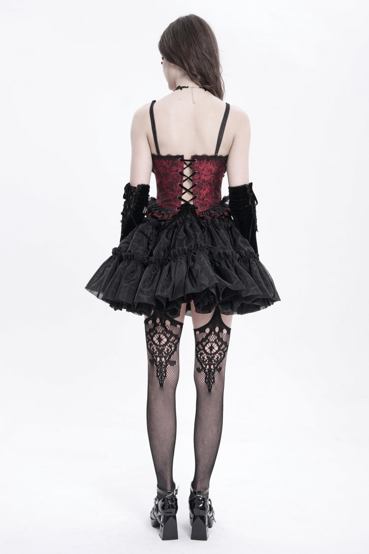 Red Sleeveless Ruffle Embroidery Lace-Up Women's Gothic Tank Top