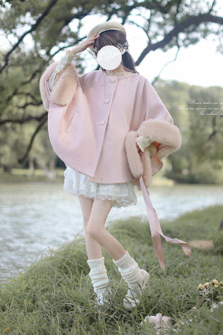 Pink Long Sleeves Lace Sweet Japanese Lolita Fluffy Cloak Coat