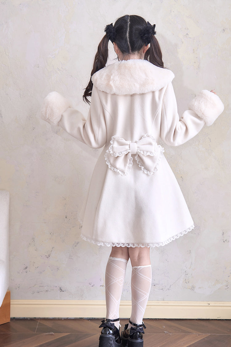 Sweet Plush Collar Waist-cinched Long Sleeves Bowknot Lace Japanese Lolita Coat 4 Colors