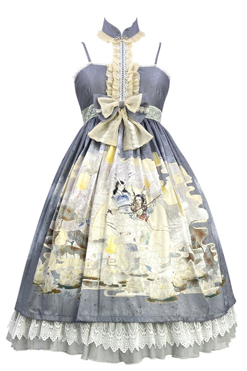 Blue Chinese Mythology Print High Waist Lace Trim Sweet Lolita JSK Dress
