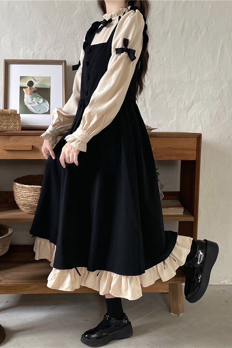 Black/Apricot Japanese Long Puff Sleeves Ruffle Bowknot Sweet Lolita Dress 2 Colors