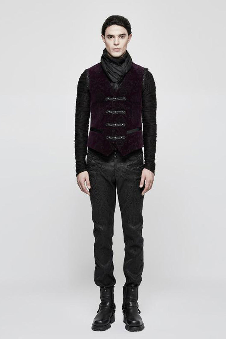 Red Gothic Velveteen Printing Front Metal Buckle Weave Strap Men's Vest