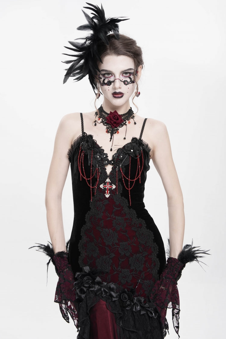 Black/Red Sleeveless Cross Ruffled Floral Embroidered Chain-Decorated Women's Gothic Long Slip Dress