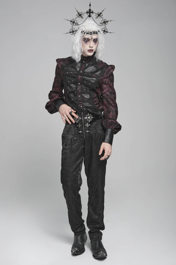Black/Red Stand Collar Long Lantern Sleeves Floral Print Embroidery Men's Gothic Blouse