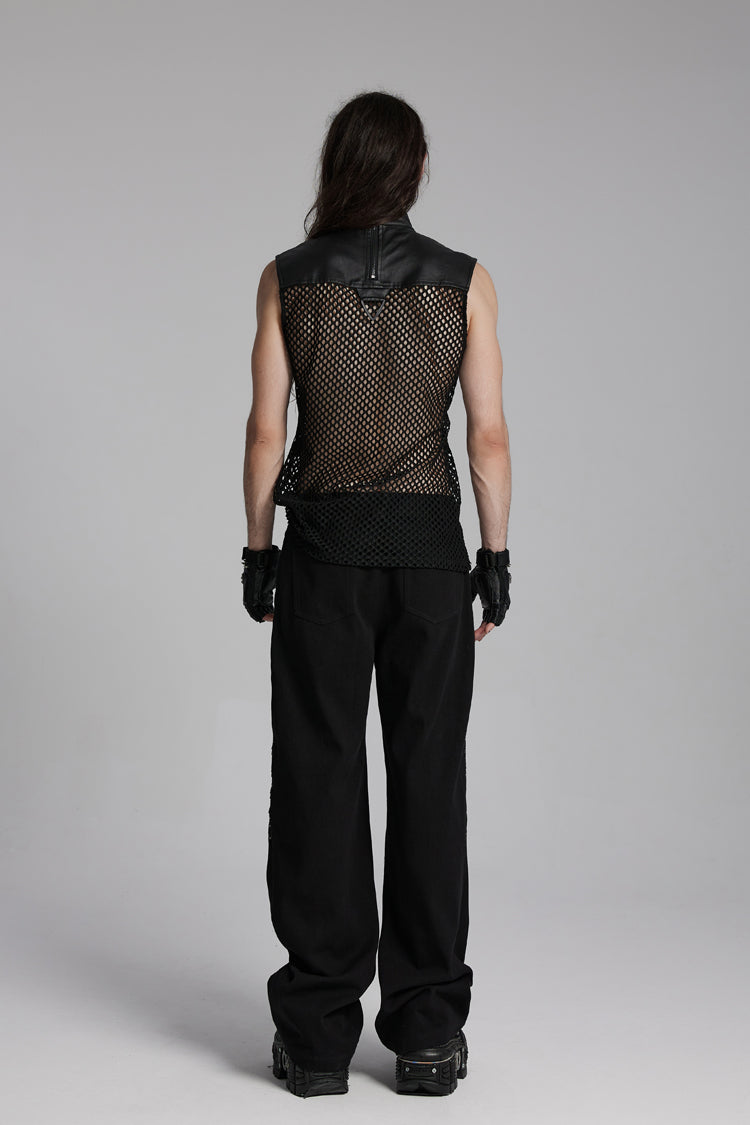 Black Stand Collar Sleeveless Mesh Triangle Eyelets Men's Punk Vest