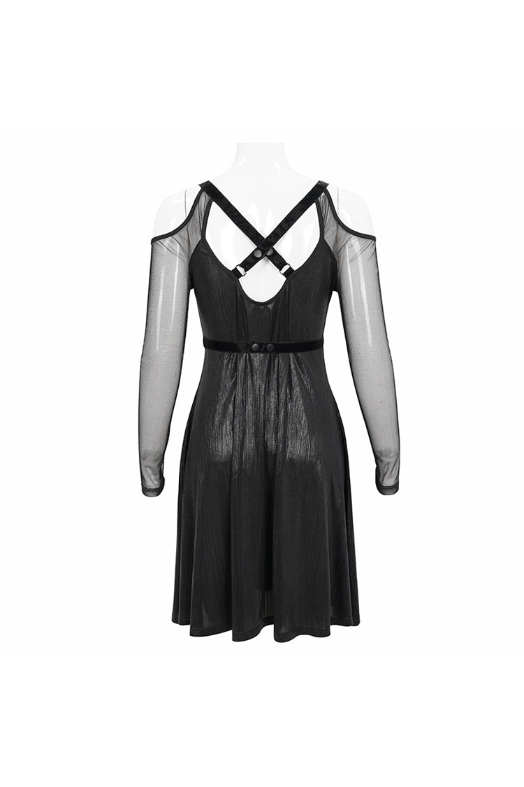 Black Stretch Knit Patchwork Fine Mesh V Neck Cross Tie Metal Pentagram Buckle Strap Women's Punk Dress