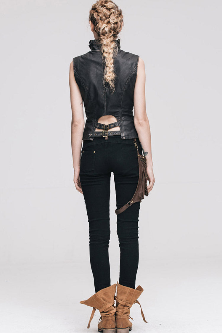 Black/Brown Big Opening Chest Wave Hand Rubbed Leather Collar Women's Punk Vest