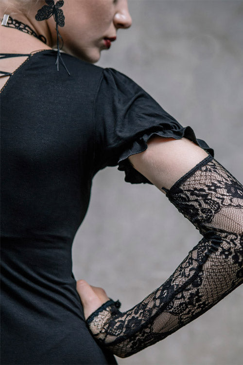 Black Sexy Mid-Length Patterned Lace Modal Women Gothic T-Shirt With Necklace