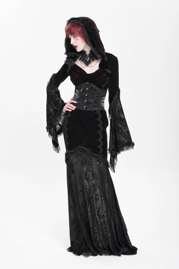 Black/Red Long Trumpet Sleeves Embroidery Stitching Lace Hooded Mesh Women's Gothic Dress