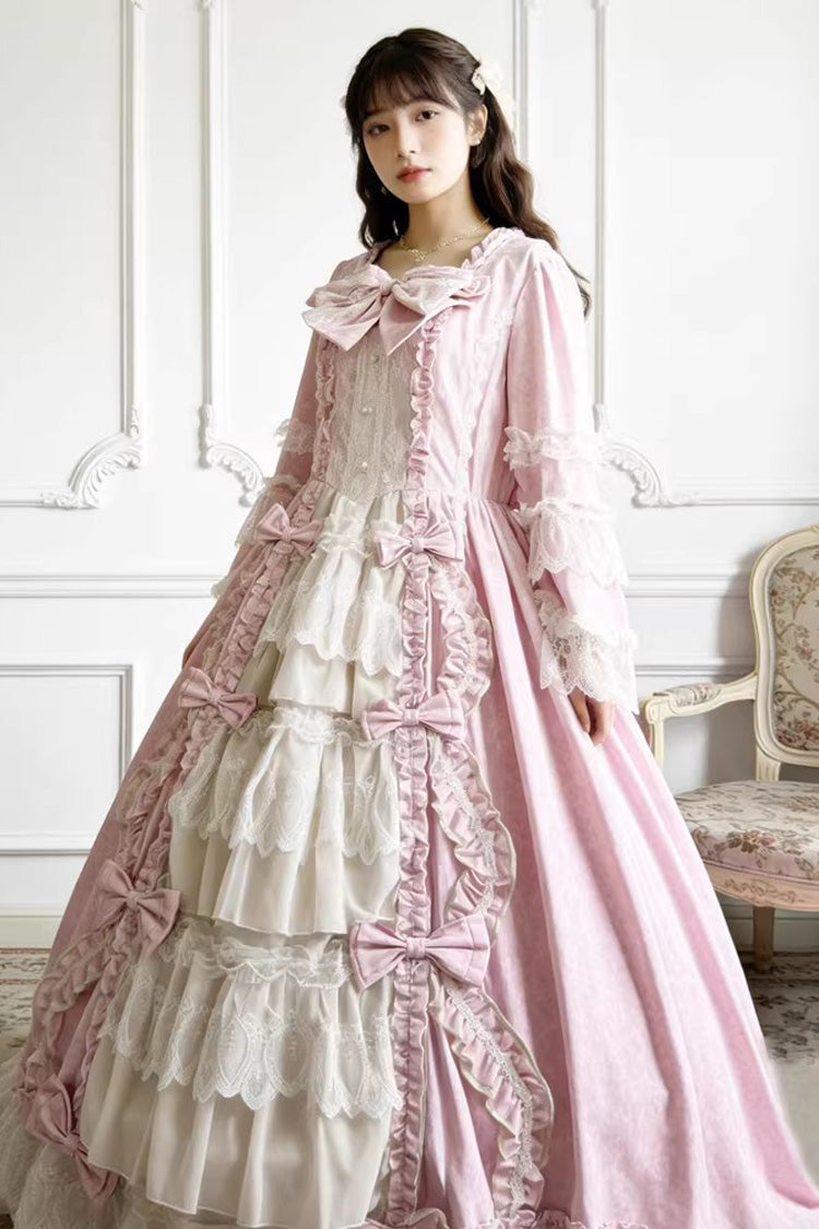 Sweet Plus Size Long Sleeves Triple-Layered Ruffled Open-Front Bow Lace Princess Lolita Victorian Dress