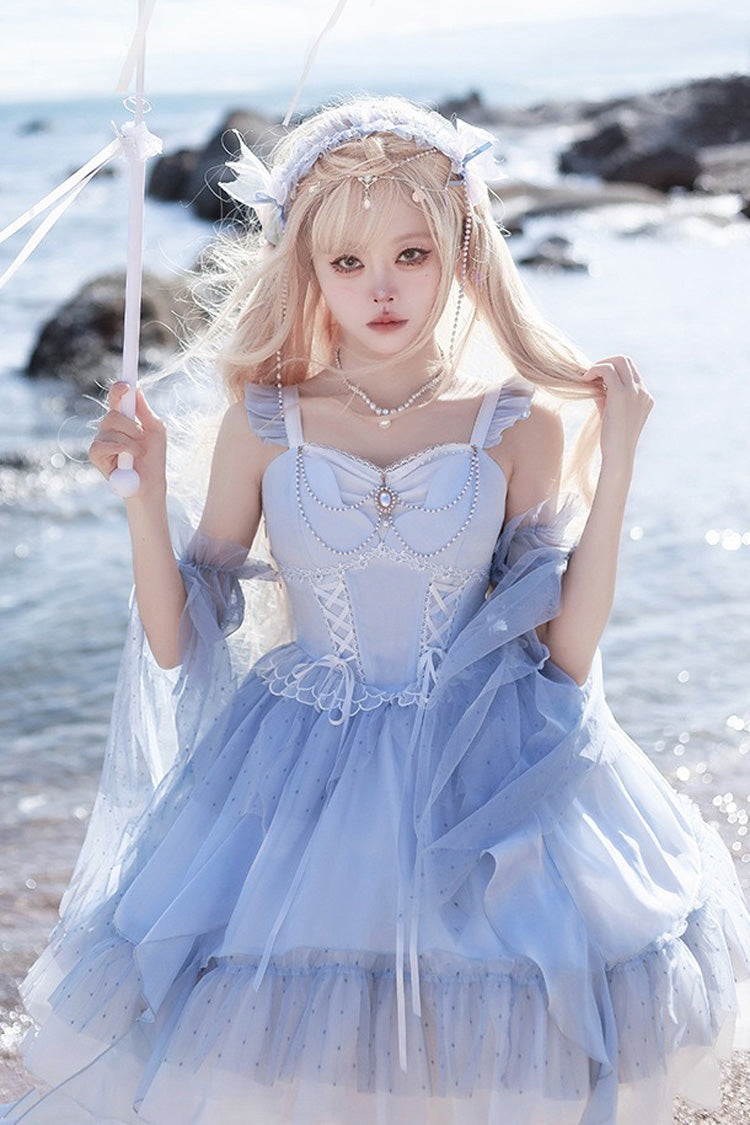 Blue The Moon Goddess's Song Multi-layer Ruffle Lace-Up Sweet Elegant Lolita Jsk Dress