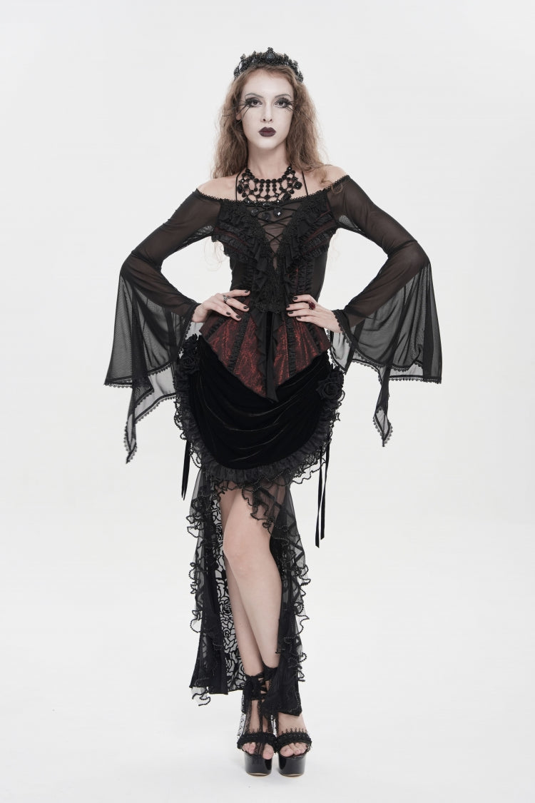 Black/Red Off Shoulder Long Trumpet Sleeves Ruffled Embroidered Lace-Up Women's Gothic Blouse
