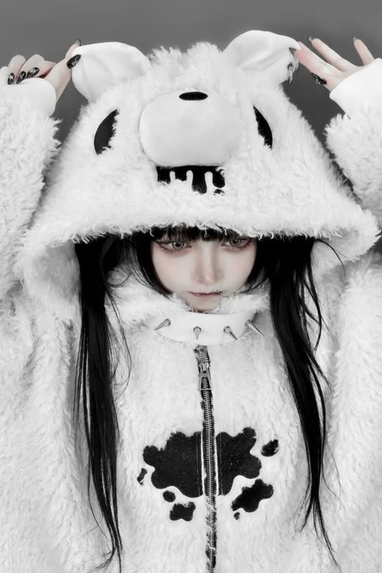 White Long Sleeves Bear Ears Hooded Zippered Gothic Jirai Kei Lolita Coat