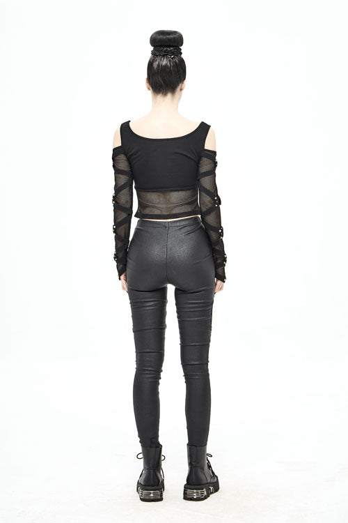 Black Sexy Mesh Spliced Off The Shoulder Long Sleeves Women Punk T-Shirt