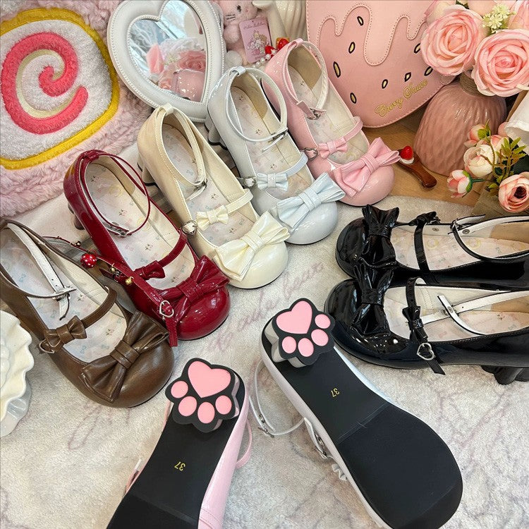 Round Toe Bow Mid Heel Lolita Mary Jane Shoes with Cat Paw Heels 7 Colors