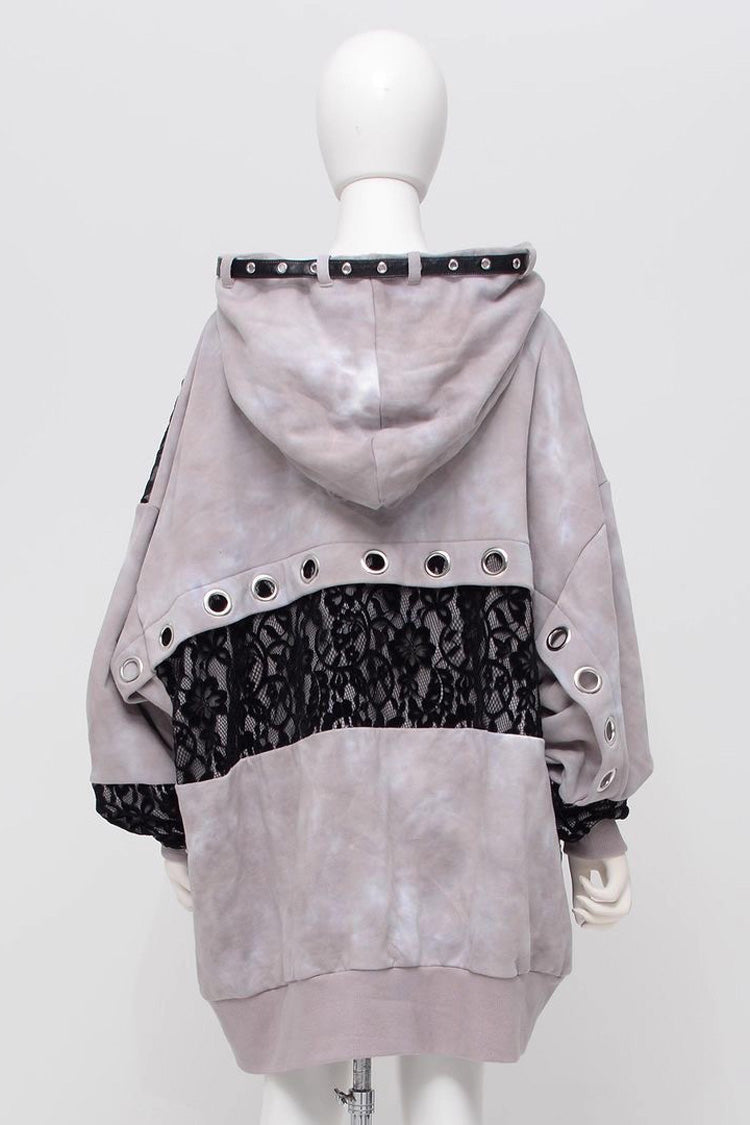 Color Blocking Long Sleeves Print Hooded Tie-dyed Zipper Jirai Kei Japanese Coat