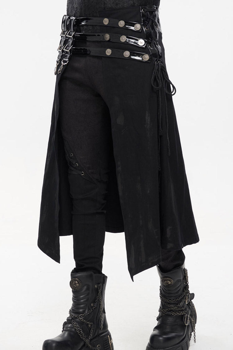 Black Punk Patent Leather Paneled Belt Irregular Print Metal Men's Skirt