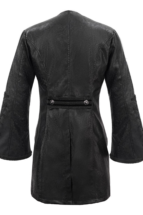Black V Collar Wide Sleeves Swallowtail Fitted Leather Mens Gothic Coat