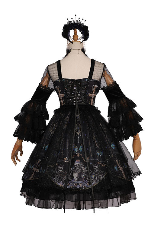 Black Square Collar Cemetery Butterfly Skull Print Lace Lantern Sleeves Multi-Layer Ruffled Gothic Lolita OP Dress