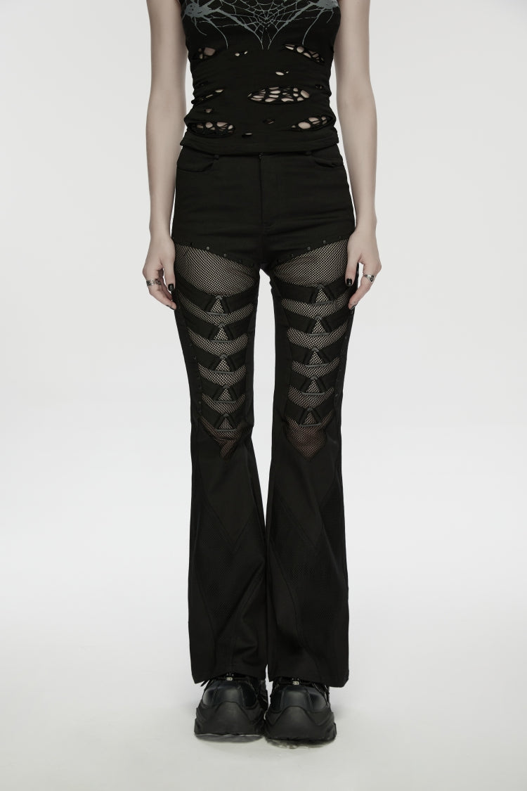 Black Spliced Slim Eyelet Women's Punk Pants