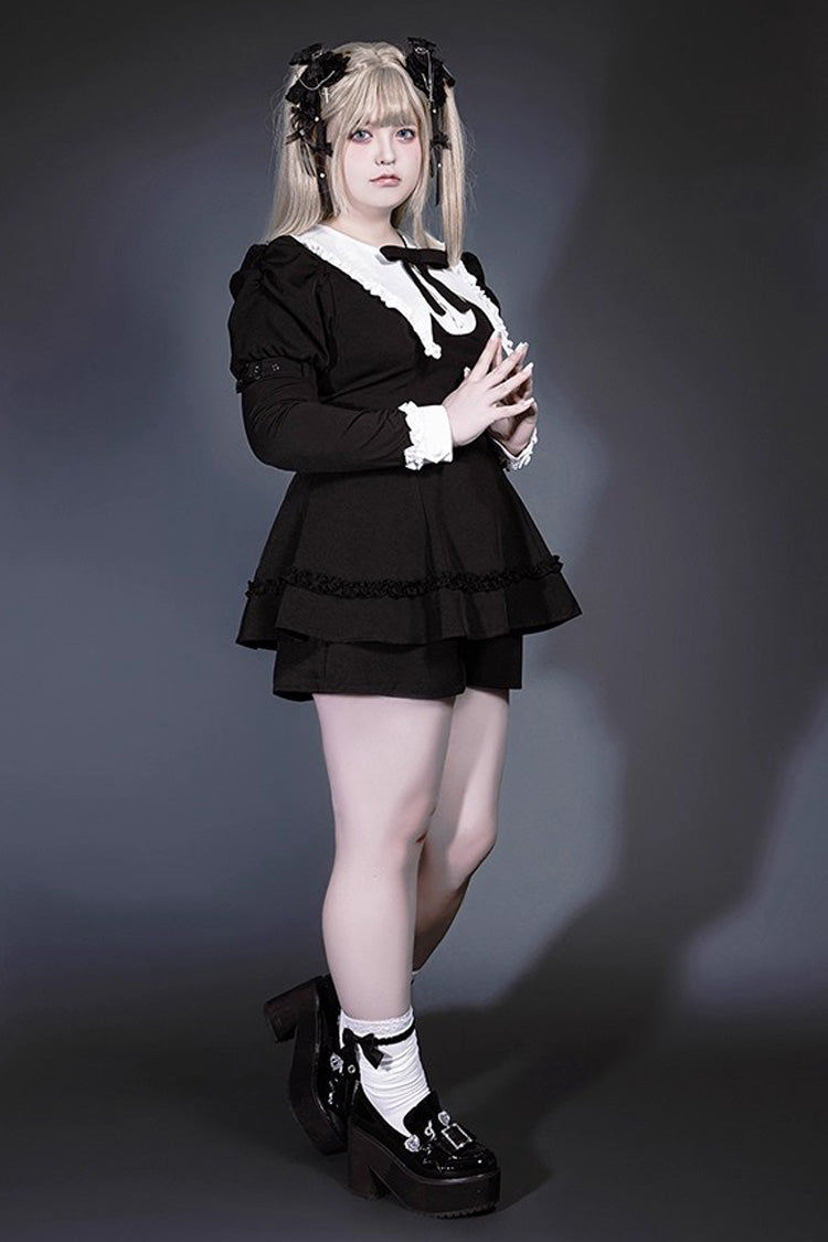 Black/White Long Sleeves Ruffle Bowknot Jirai Kei Japanese Witch Set