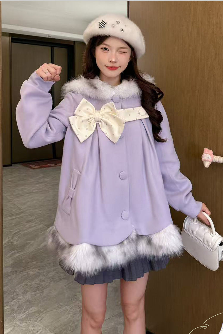 Purple Long Sleeves Plush-Trim Polka Dot Printed Bow Hooded Sweet Lolita Coat