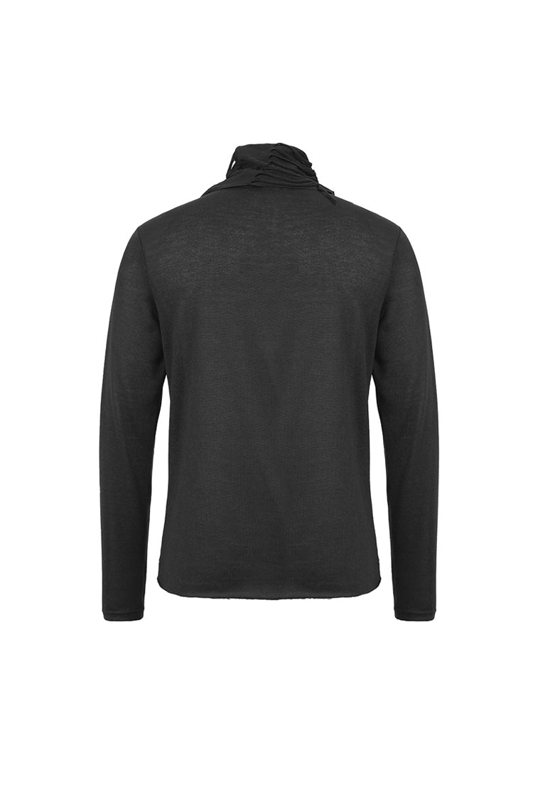 Black Ragged Turn-Down Collar Woolen Long Sleeve Irregular Hem Men's Punk T-Shirt