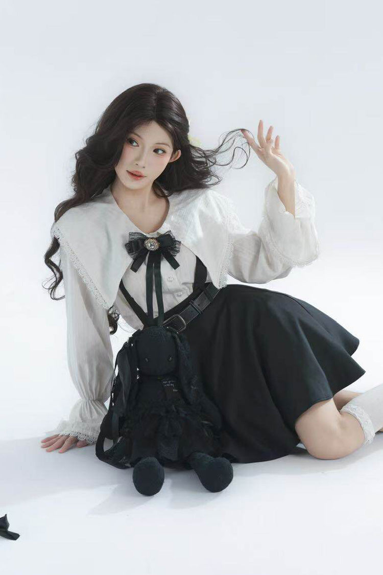 Black/White Lapel Collar Long Sleeves Ruffled Bow Classic Lolita Strap Dress Set