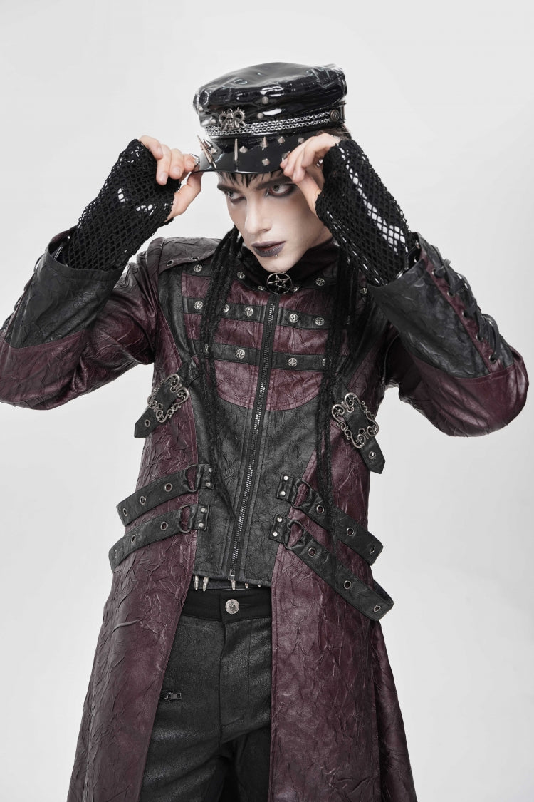 Red Stand Collar Zipper Straps Eyelet Men's Punk Coat