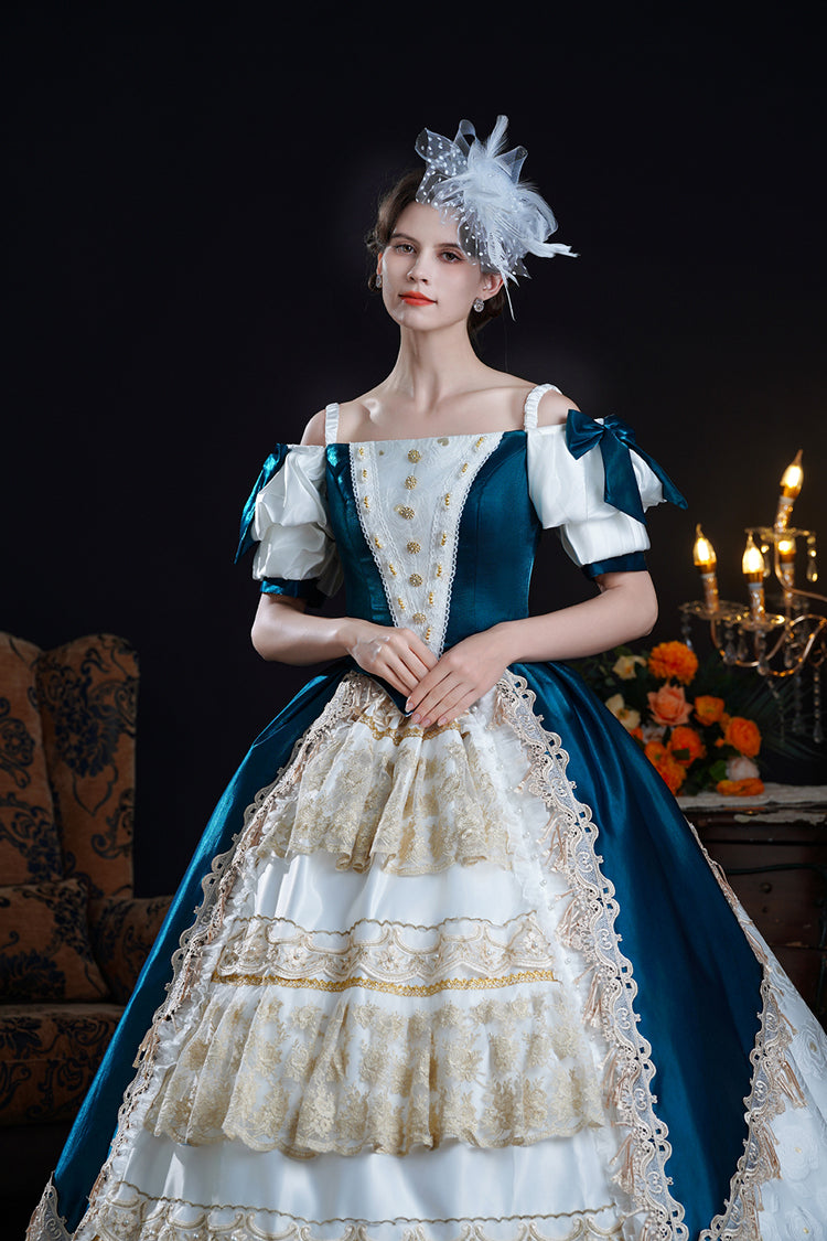 Blue/Apricot Off Shoulder Short Sleeves Ruffle Cardigan Bowknot Lace Classic Princess Palace Lolita Victorian Dress