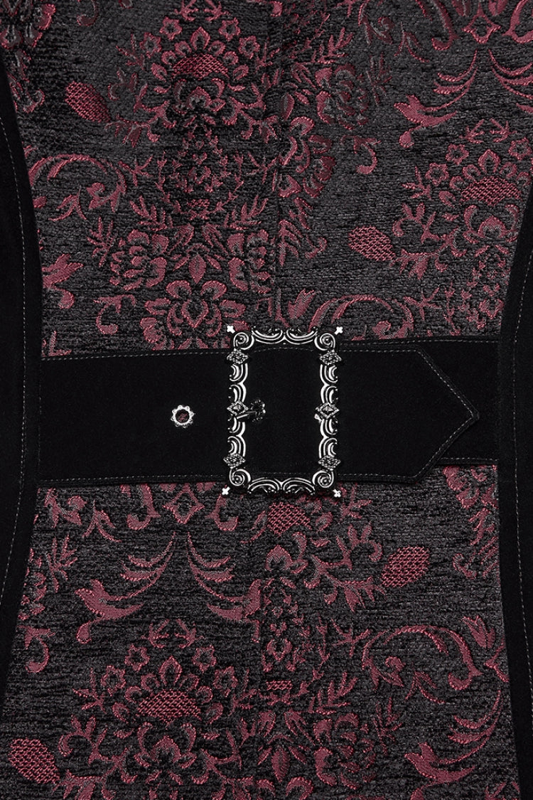 Black/Red Stand Collar Long Sleeves Floral Jacquard Bouble-breasted Zipper Men's Gothic Coat
