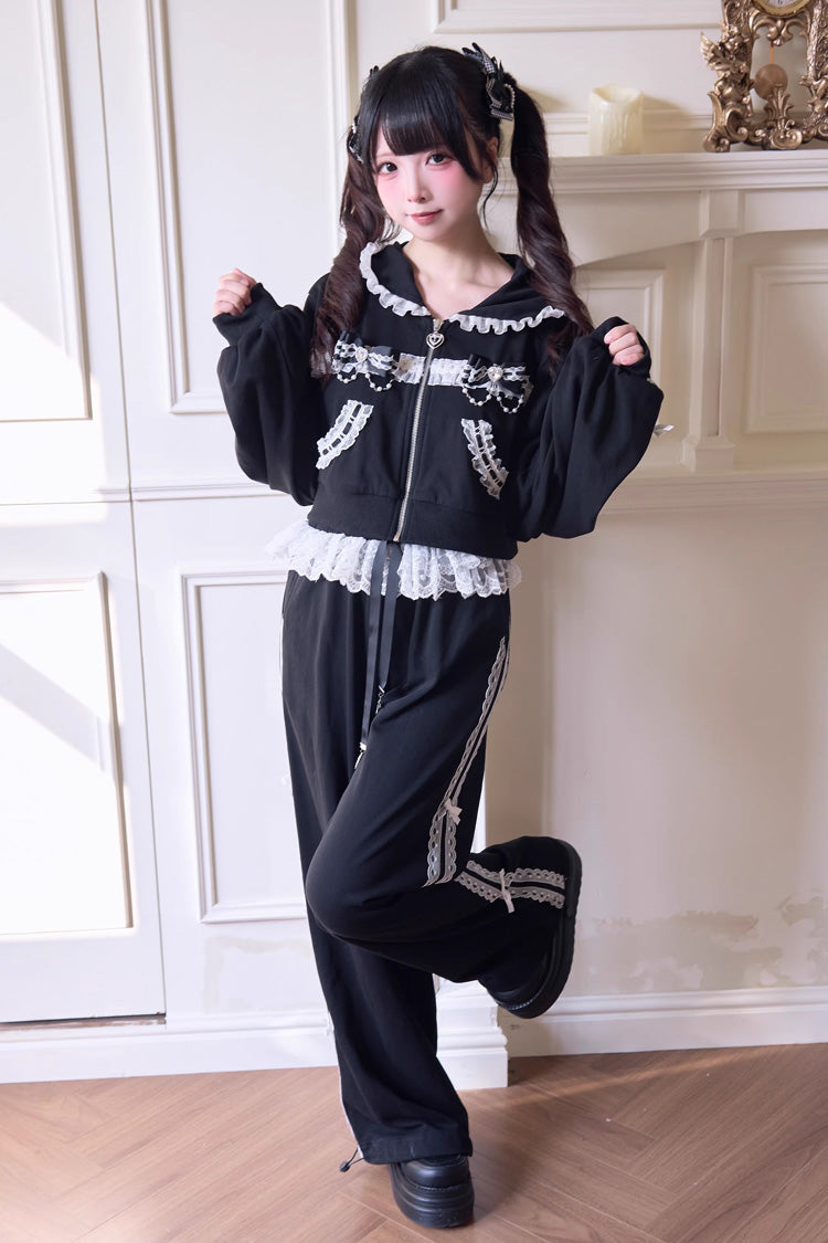 Sweet Long Sleeves Bowknot Lace Hooded Jirai Kei Hoodie Pants Set 3 Colors