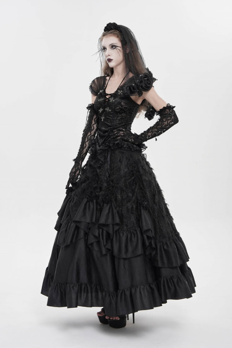 Black V Collar Short Sleeves Embroidered Lace Lace-Up Slim Women's Gothic Top
