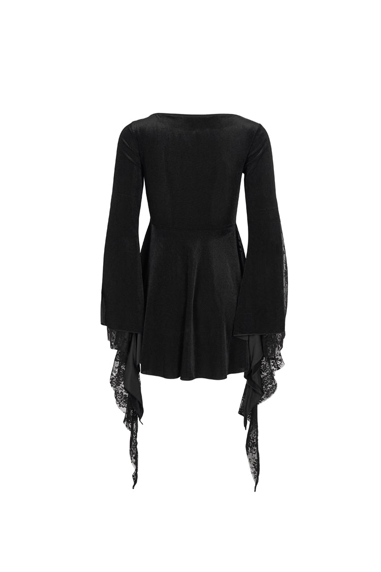 Black V-Neck Beading Lace Flared Cuffs Floral Hip Covered Long Sleeves Women's Gothic T-Shirt