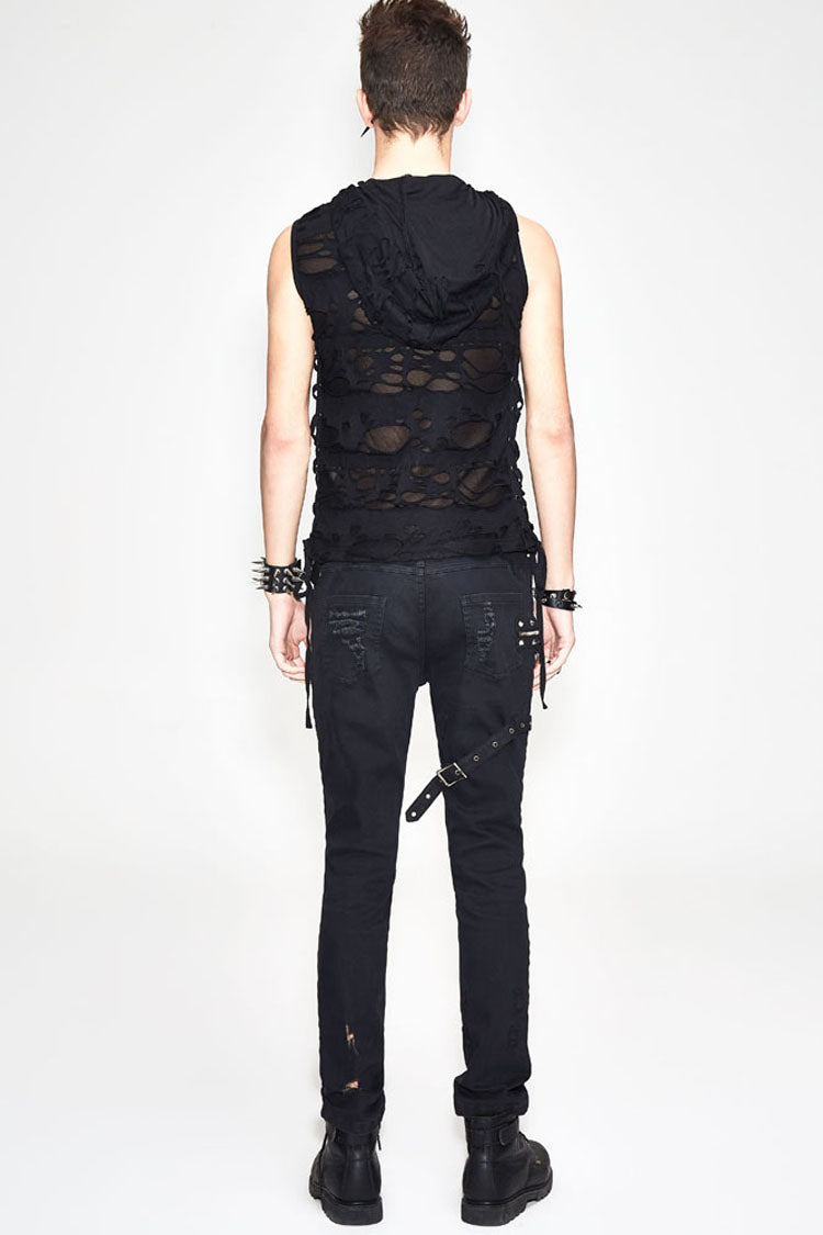 Black Sleeveless Ripped Side Ribbons Lace-Up Hooded Men's Punk T-Shirt