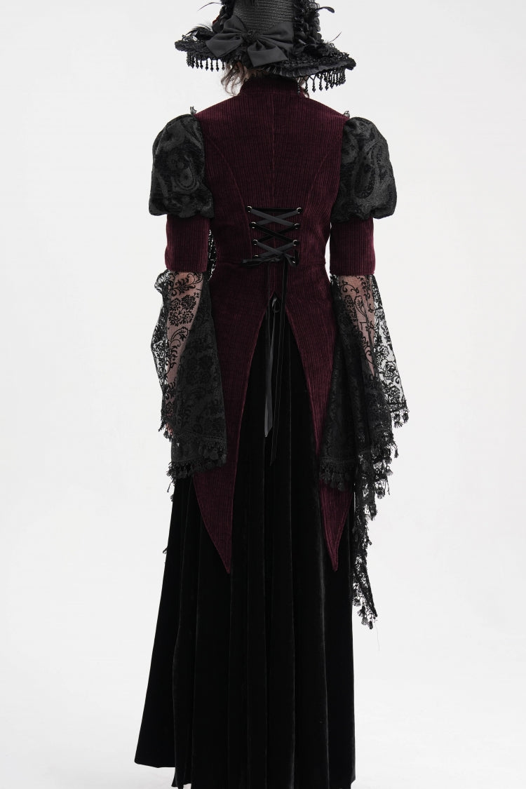 Wine Red Long Sleeves Hollow Lace Tassels Women's Gothic Jacket